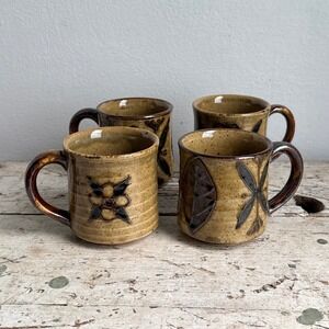 Vintage Otagiri Japan Speckled Stoneware Floral Mugs Set of 4 Brown Tan Rustic